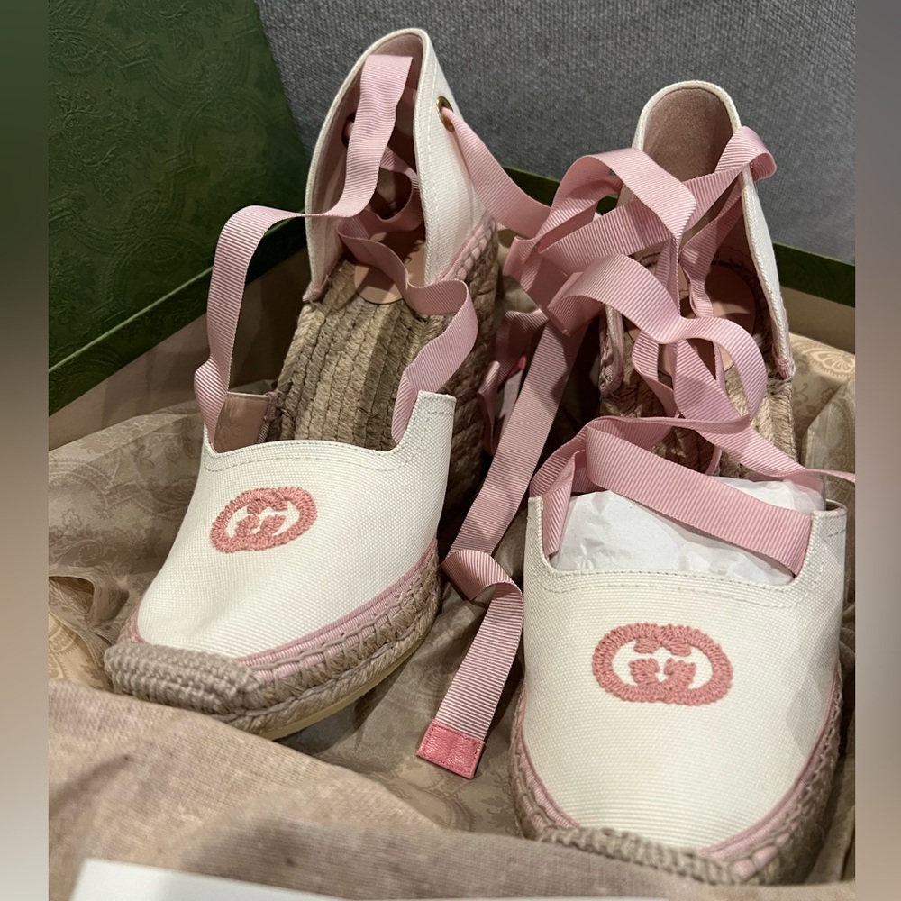 NEW Gucci GG Judie Lace Up Ballerina Espadrille Wedges - Picture 7 of 16